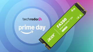 Acer FA200 4TB SSD on a rainbow background next to a TechRadar badge reading 'Prime Day'