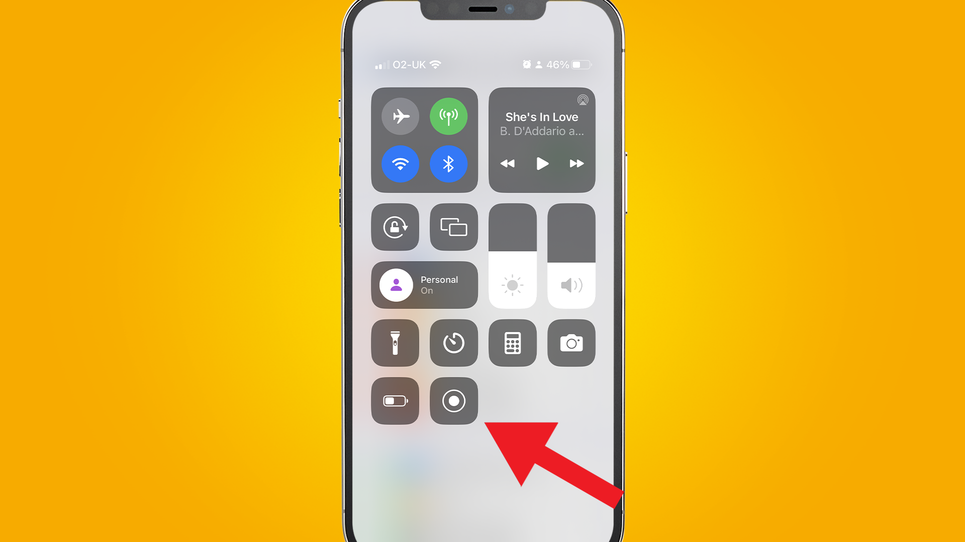 Image showing an iPhone on a yellow background with the command center open and a red arrow pointing to the screen recording button