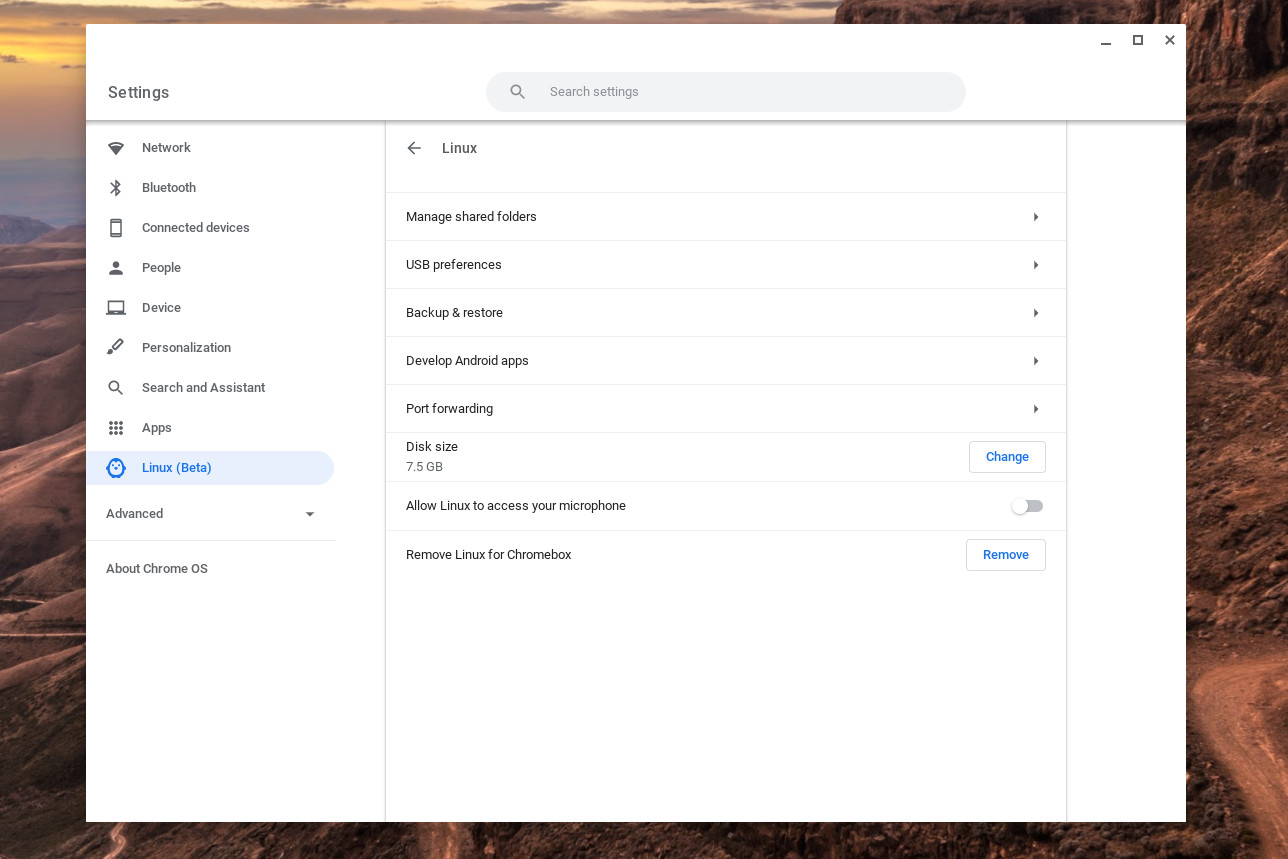 Chrome OS Linux settings