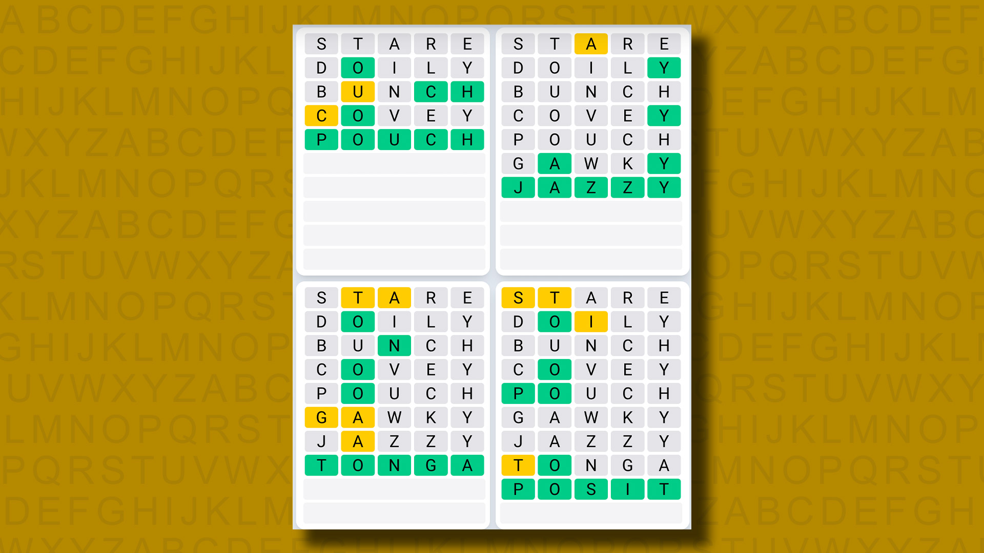 Quordle daily sequence answers for game 843 on a yellow background