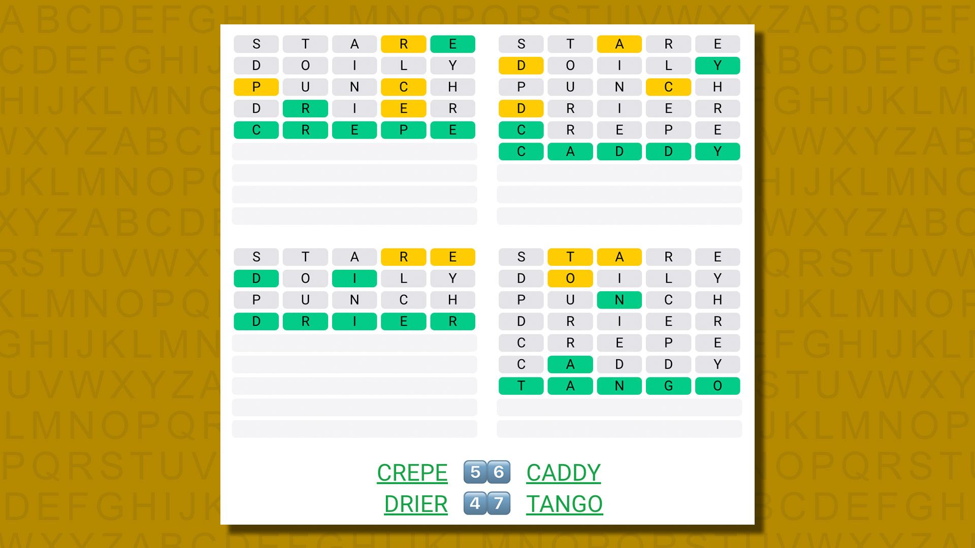 Quordle answers for game 561 on a yellow background