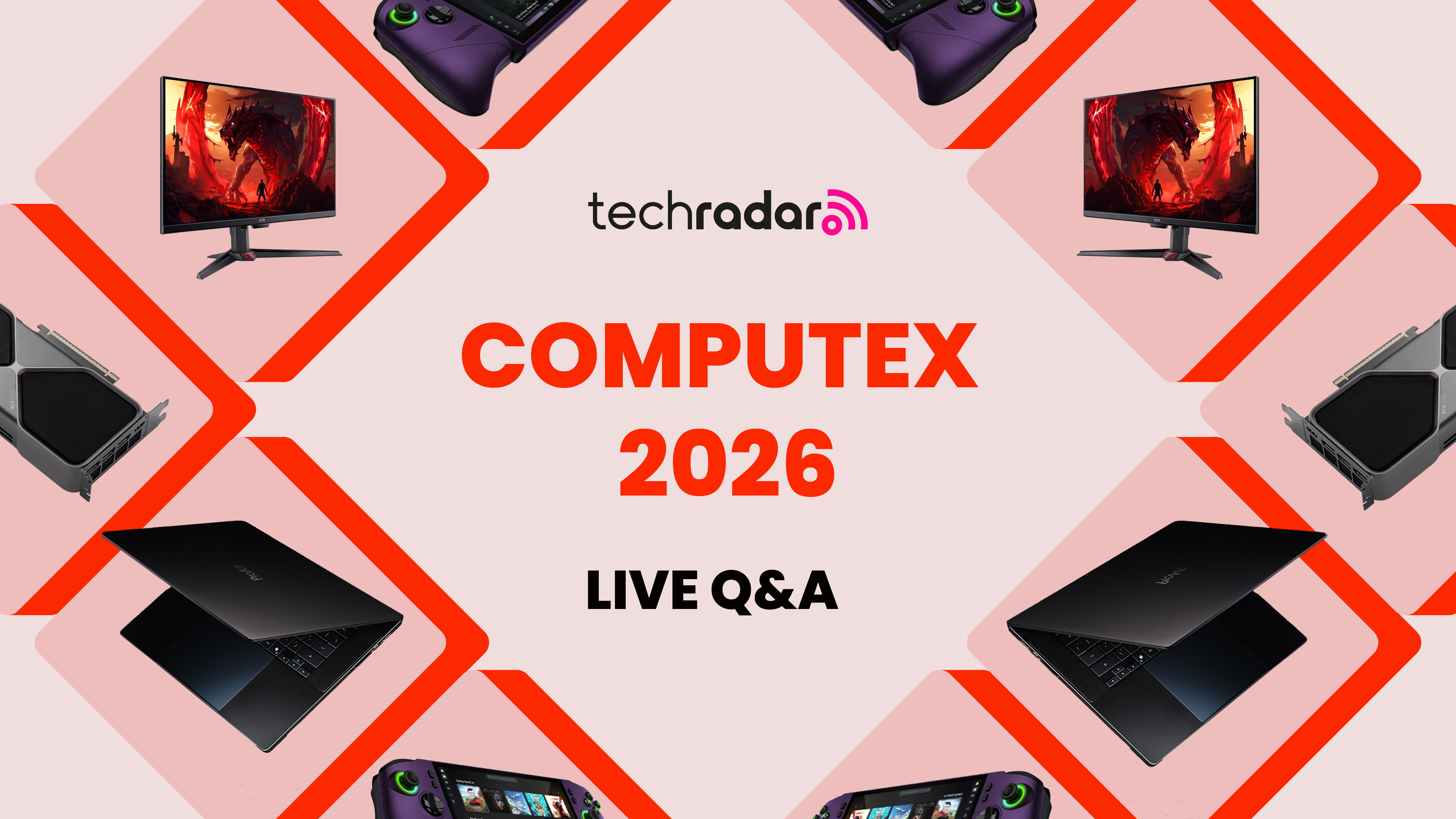 A collage of tech products such as laptops, GPUs and gaming handhelds around the words 'computex 2026 live Q&amp;A' 