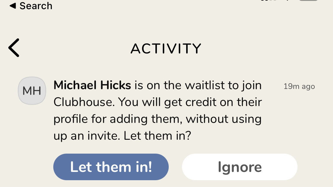A Clubhouse notification saying a friend is on the waitlist for Clubhouse and that you can invite them.