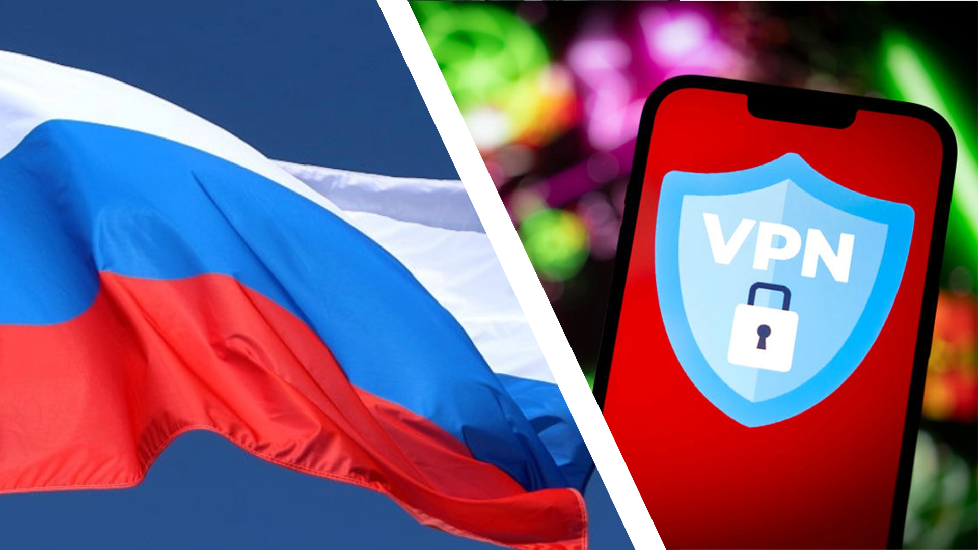 Russia flag on the left, VPN icon on smarthpne on the right