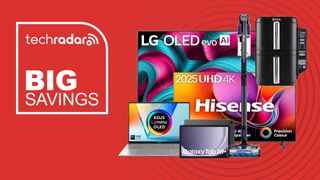Collage of tech from the Currys Epic Deal sale, including LG TV, Hisense TV, Ninja air fryer, Shark vacuum, Asus laptop and Samsung tablet