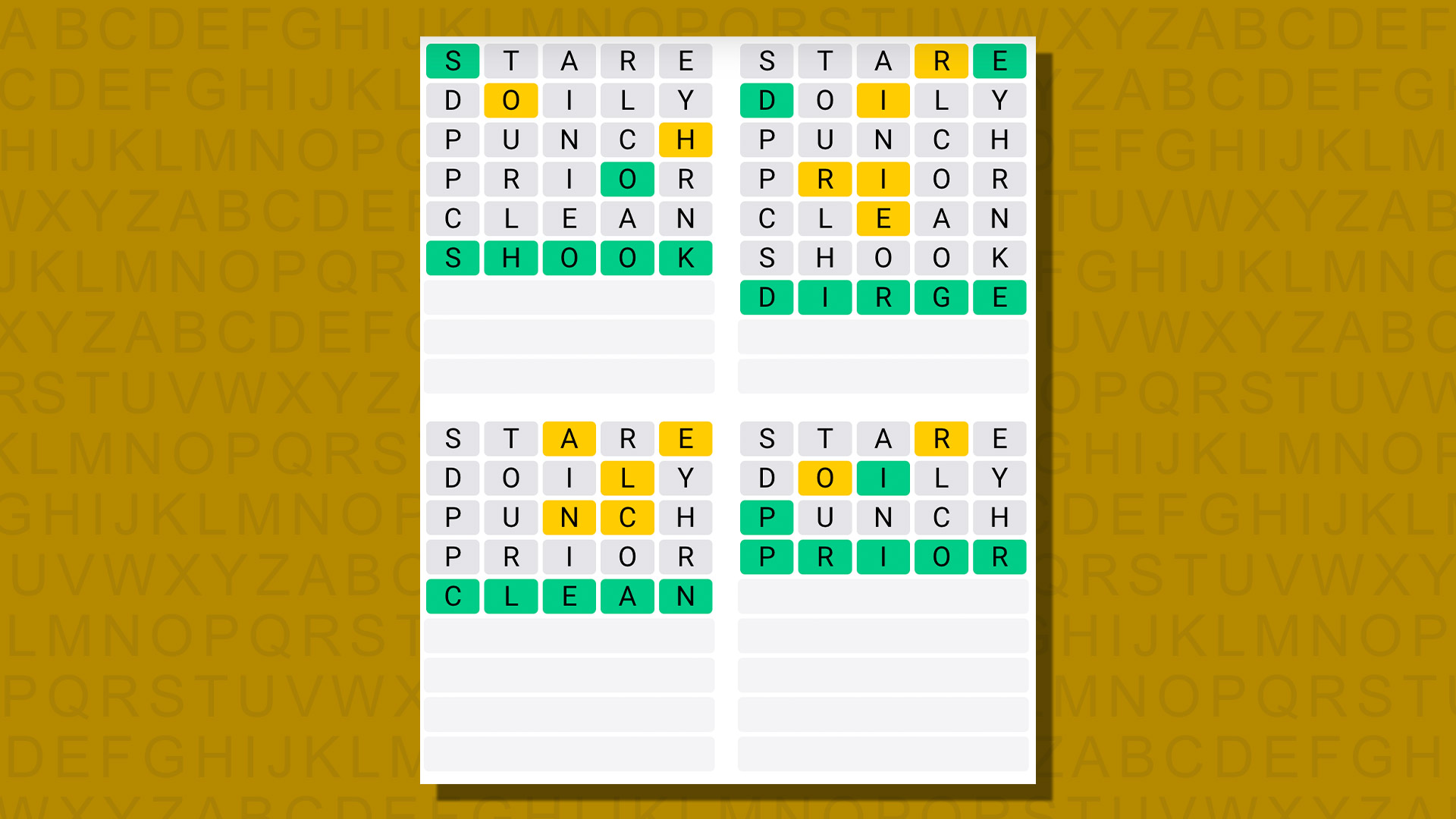 Quordle answers to game 796 on a yellow background