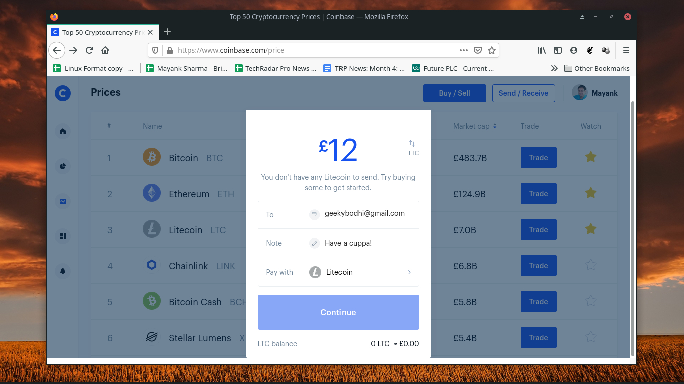 Screenshot of the Coinbase platform