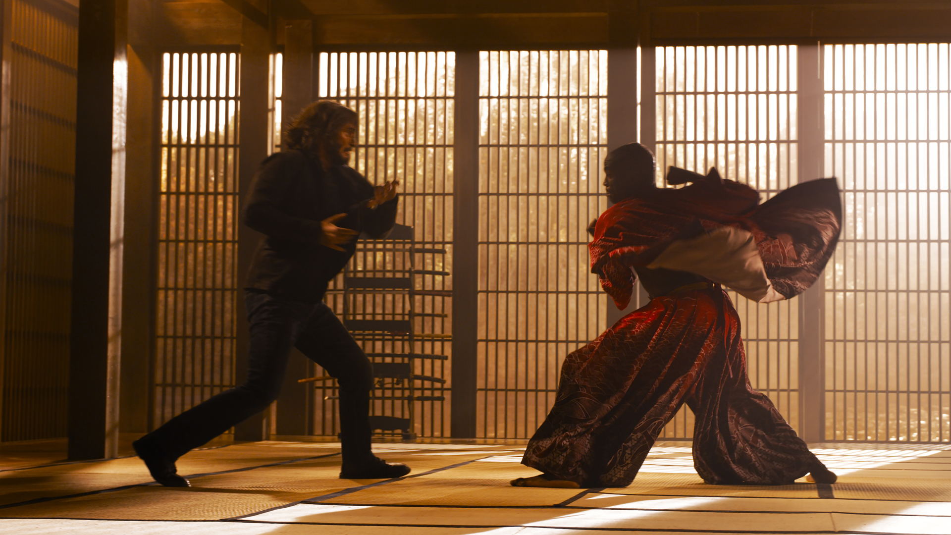 Neo and Morpheus conduct some fight training in The Matrix Resurrections