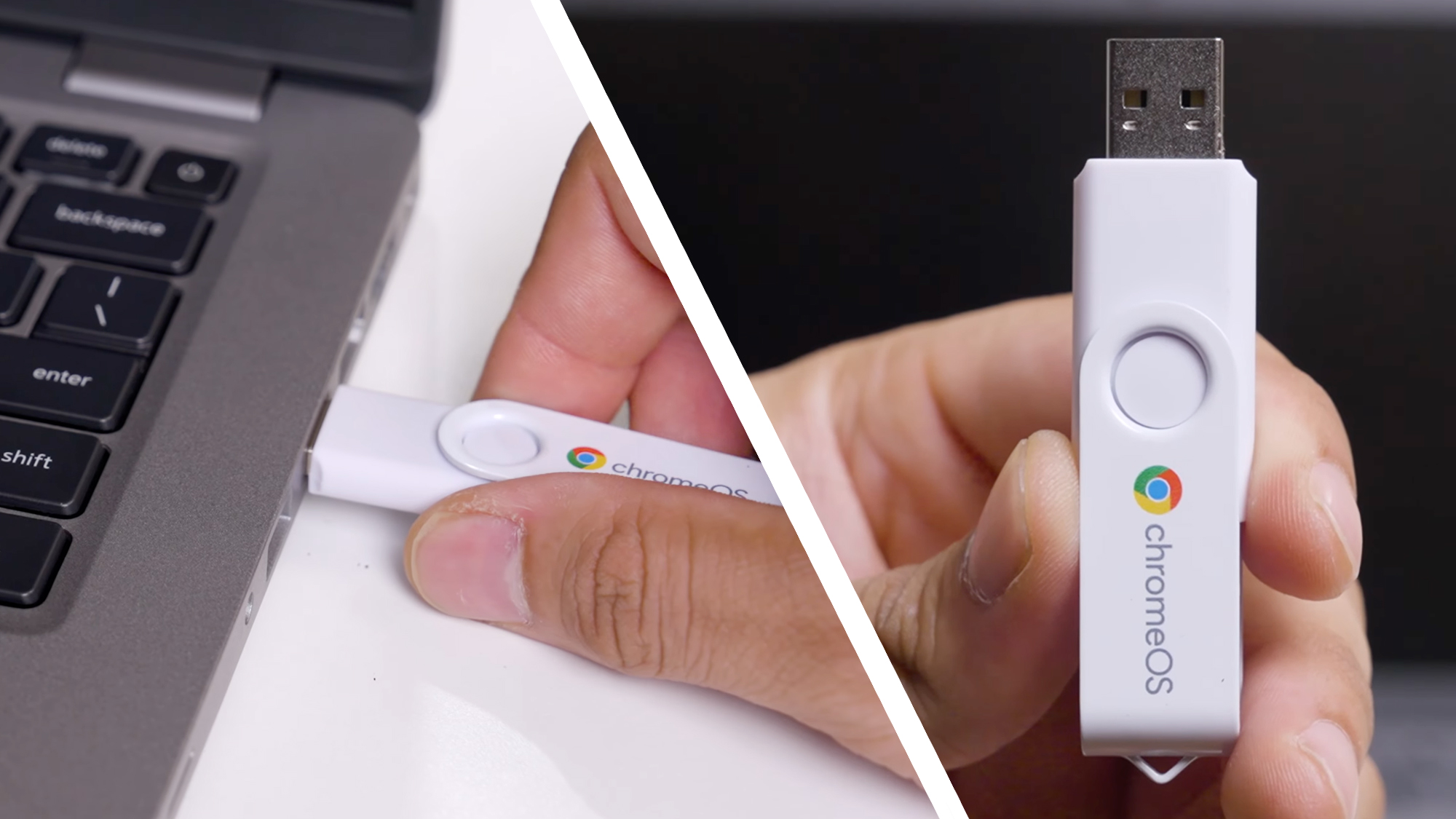 A hand putting a ChromeOS Flex USB stick into a laptop, next to a hand holding the USB stick