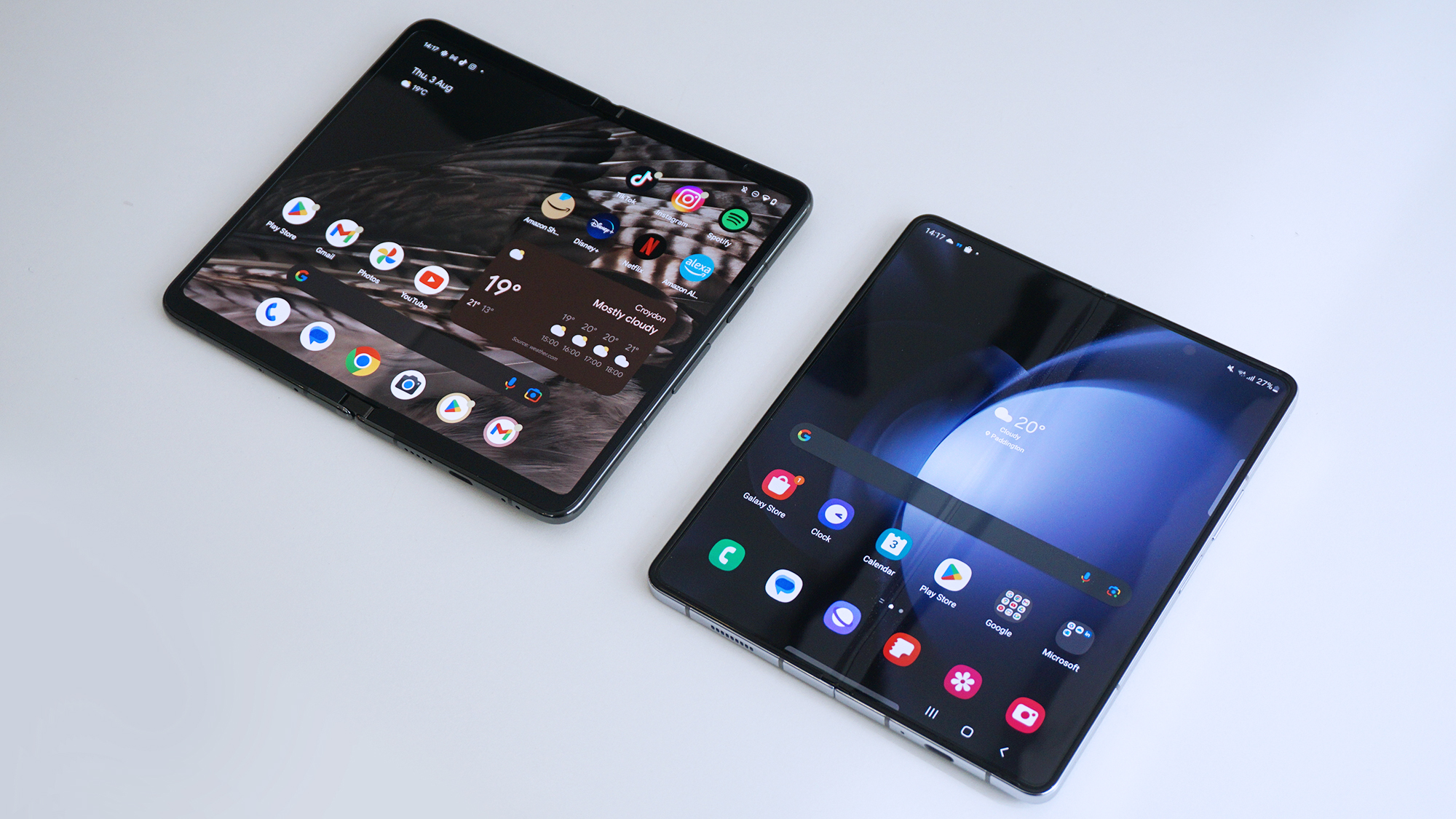 Google Pixel Fold vs Samsung Galaxy Z Fold 5 front angled open