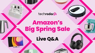 A collage of different tech devices surrounding the word's 'Amazon's Big Spring Sale Live Q&A' 