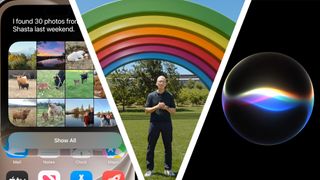 Screenshot of Apple Intelligence on an iPhone, Tim Cook standing in front of a rainbow and Siri AI