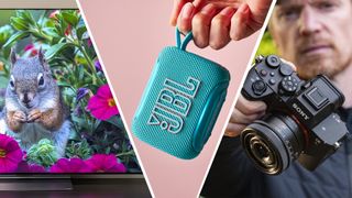A TV, speaker, tablet and camera