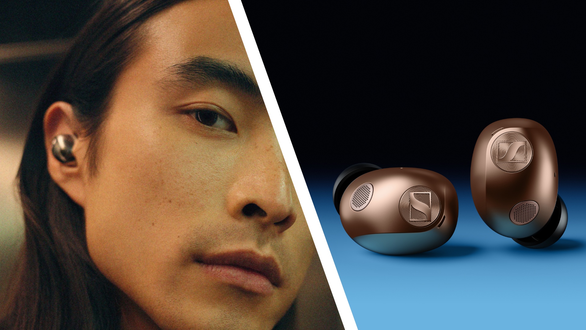 Two-way split image of a man wearing the Sennheiser Momentum True Wireless 5 earbuds, and a close-up shot of the copper Sennheiser Momentum True Wireless 5 earbuds.