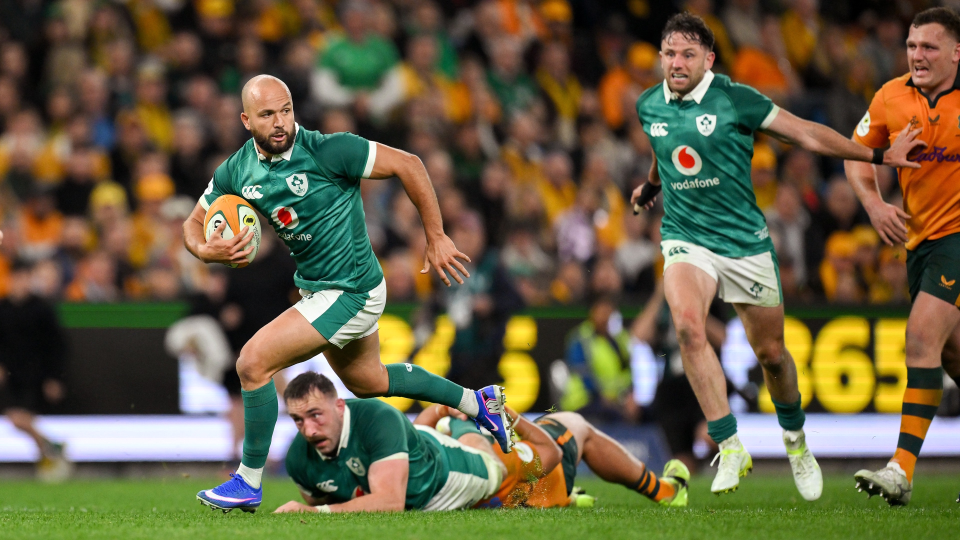 Jamison Gibson-Park of Ireland breaks away on his way to scoring a try during a 2026 Nations Championship rugby union match.