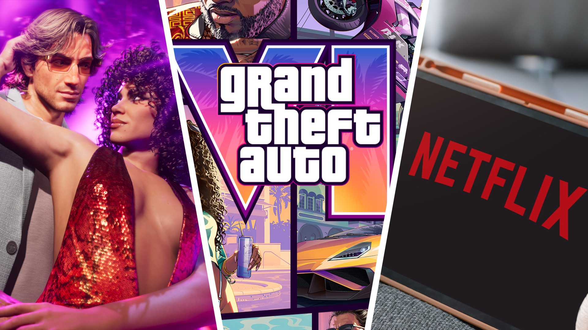 A split image showing the GTA 6 logo, the Netflix logo on an iPad, and Jason and Lucia dancing in the game