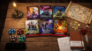 A collection of D&D books and dice on a table