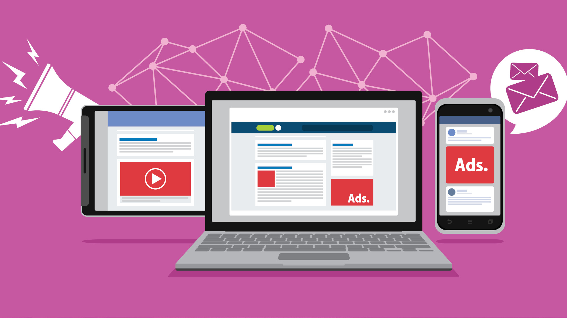 Laptops showing website ads on a pink background