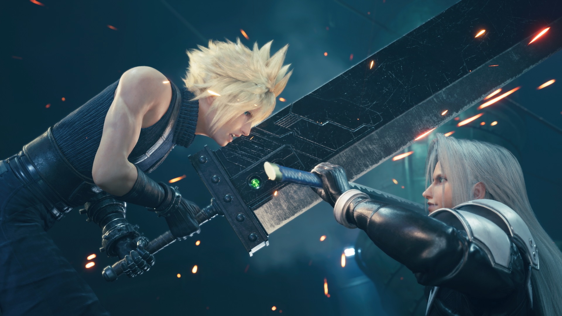 Cloud and Sephiroth clash swords as sparks fly