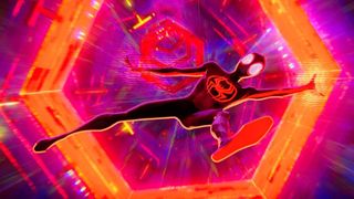 Miles Morales tumbles through an interdimensional portal in Spider-Man: Across the Spider-Verse