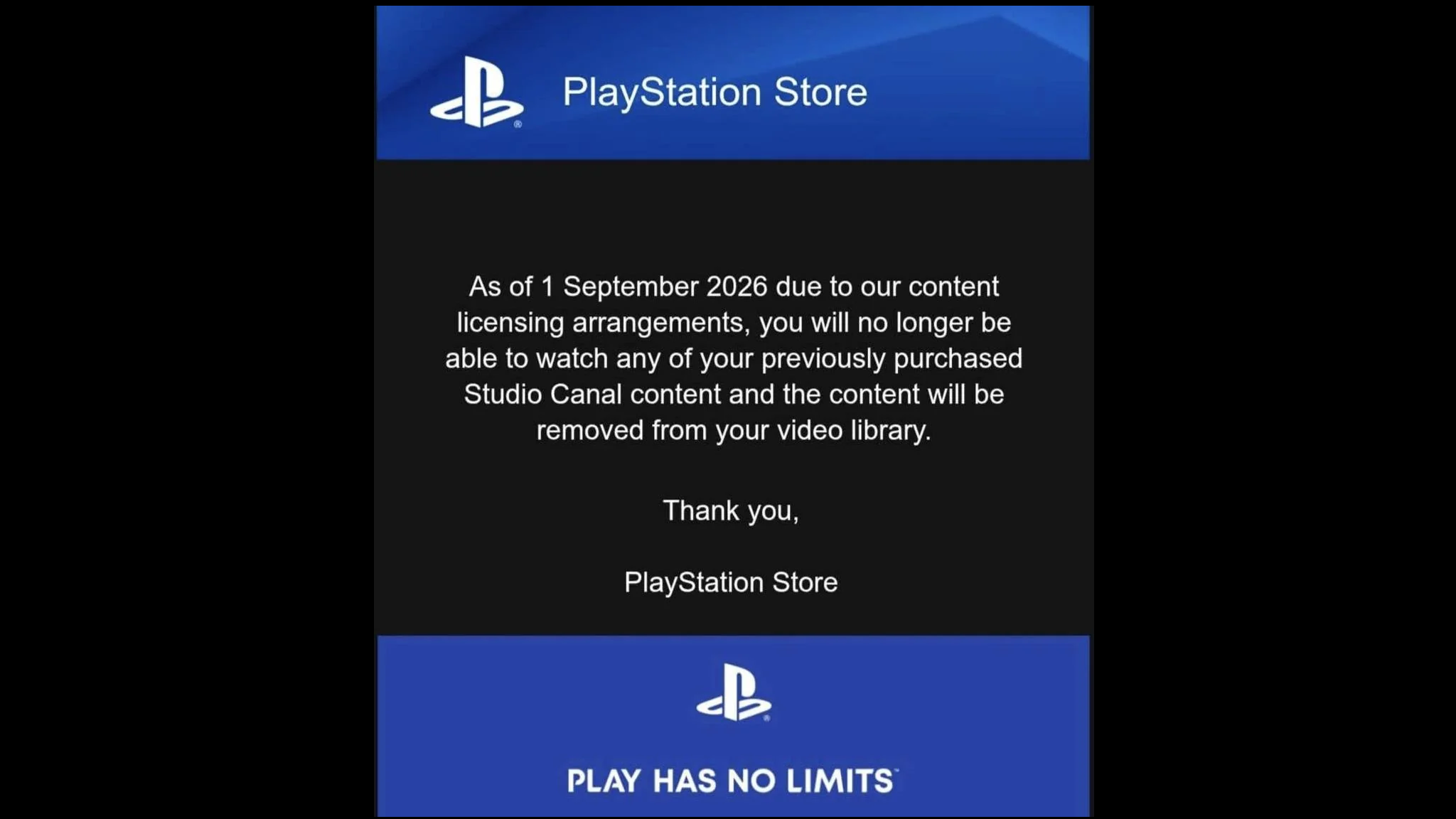 The notification sent to people who've bought StudioCanal movies or shows from the PlayStation Store
