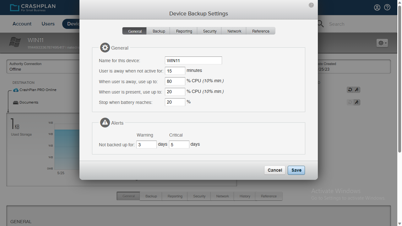 Crashplan's backup throttling settings