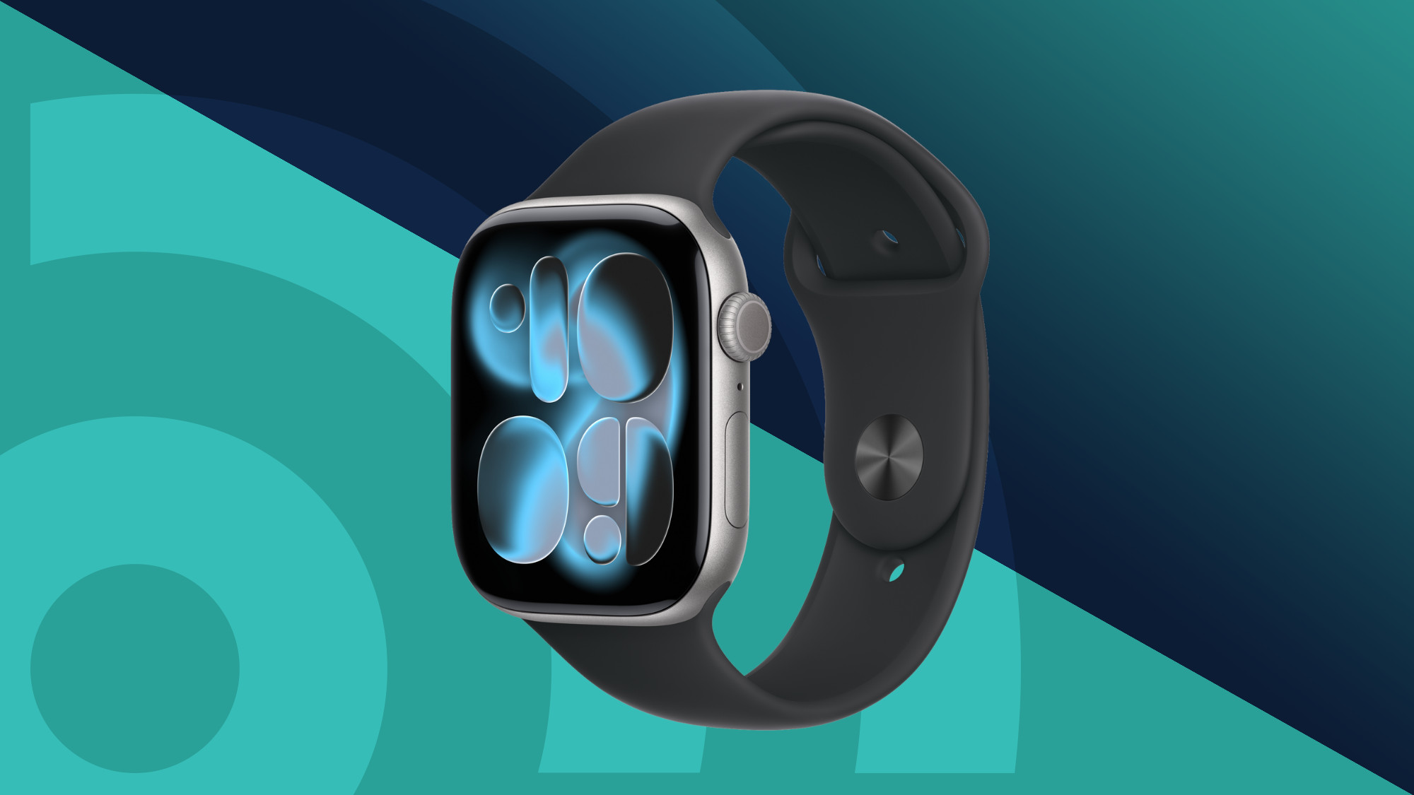 the Apple Watch Series 11 on top of a blue two toned background