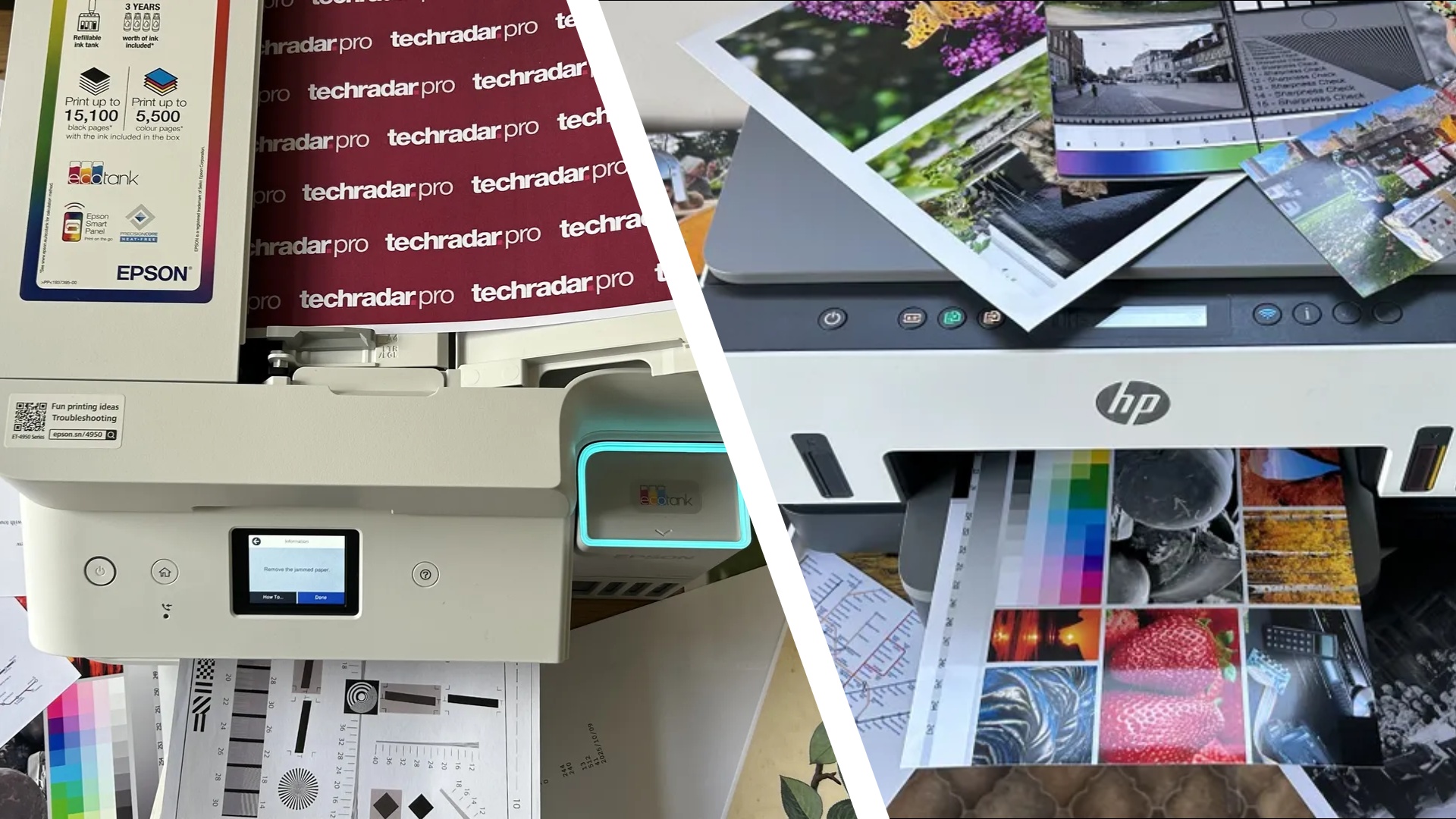 The Epson EcoTank ET-4950 and HP Smart Tank 7001 during our tests, surrounded by TechRadar pro-branded documents, text, and photos