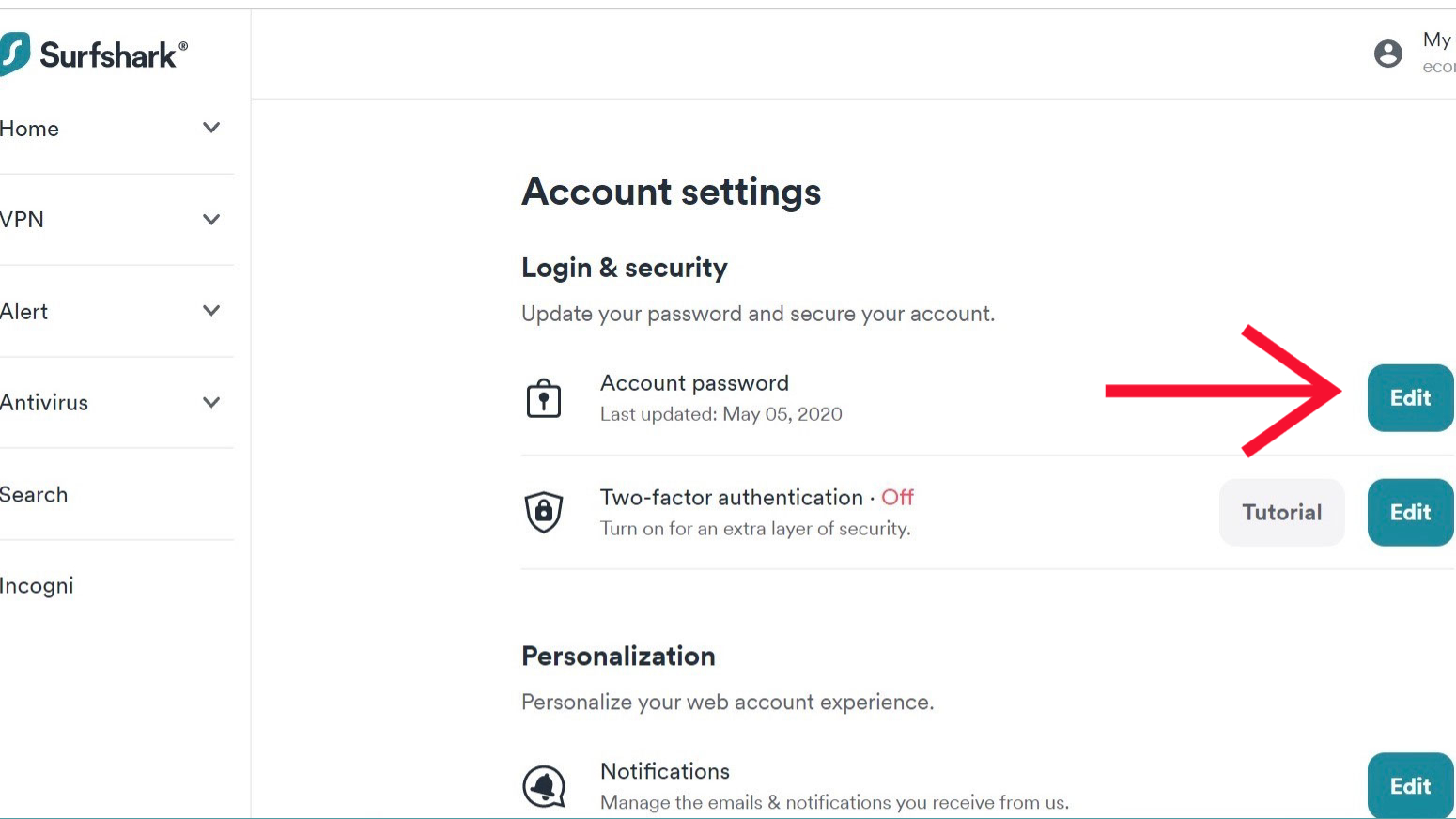 Surfshark profile dashboard