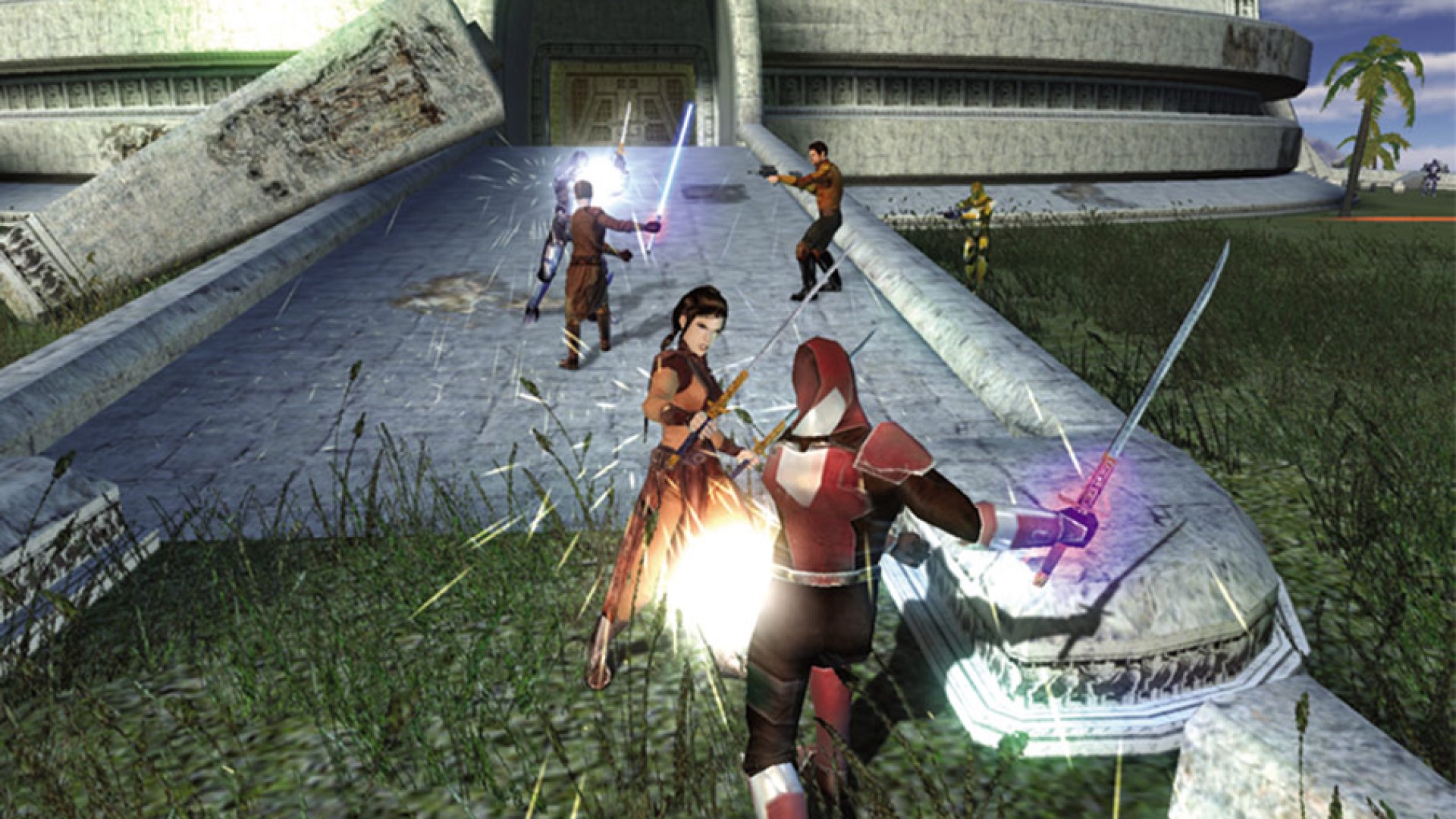 A battle on the steps of a temple in KOTOR
