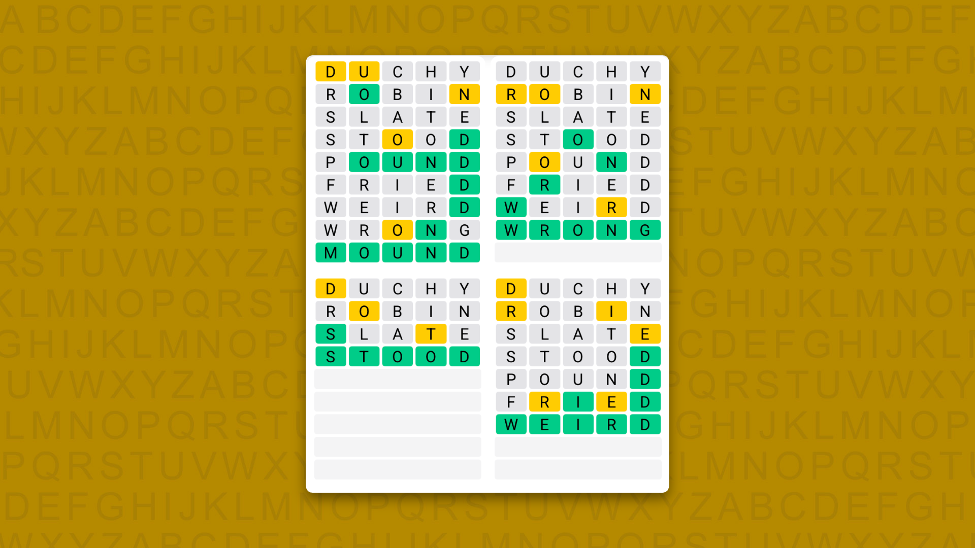 Quordle answers for game 1654 on a yellow background