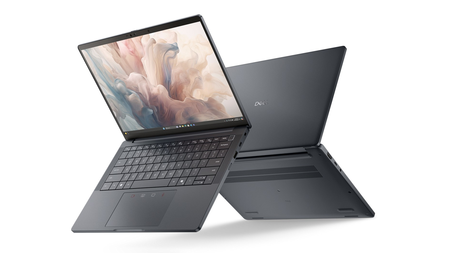 Dell laptop shown open, and also from the rear