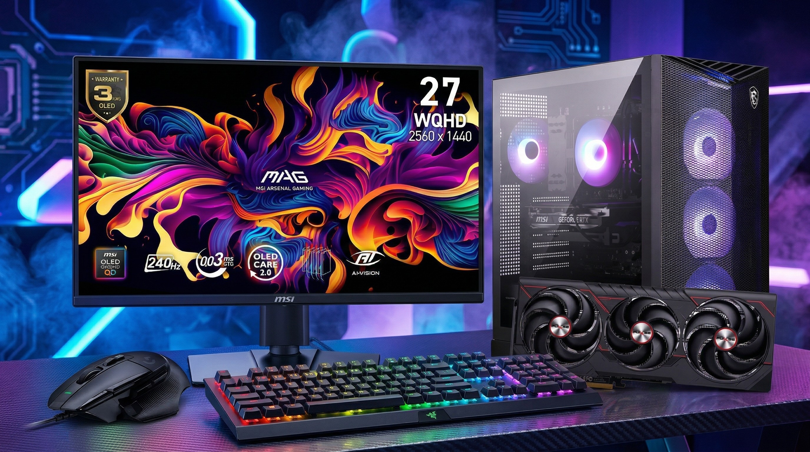 assorted gaming peripherals and PCs on a desk in a gaming room setup
