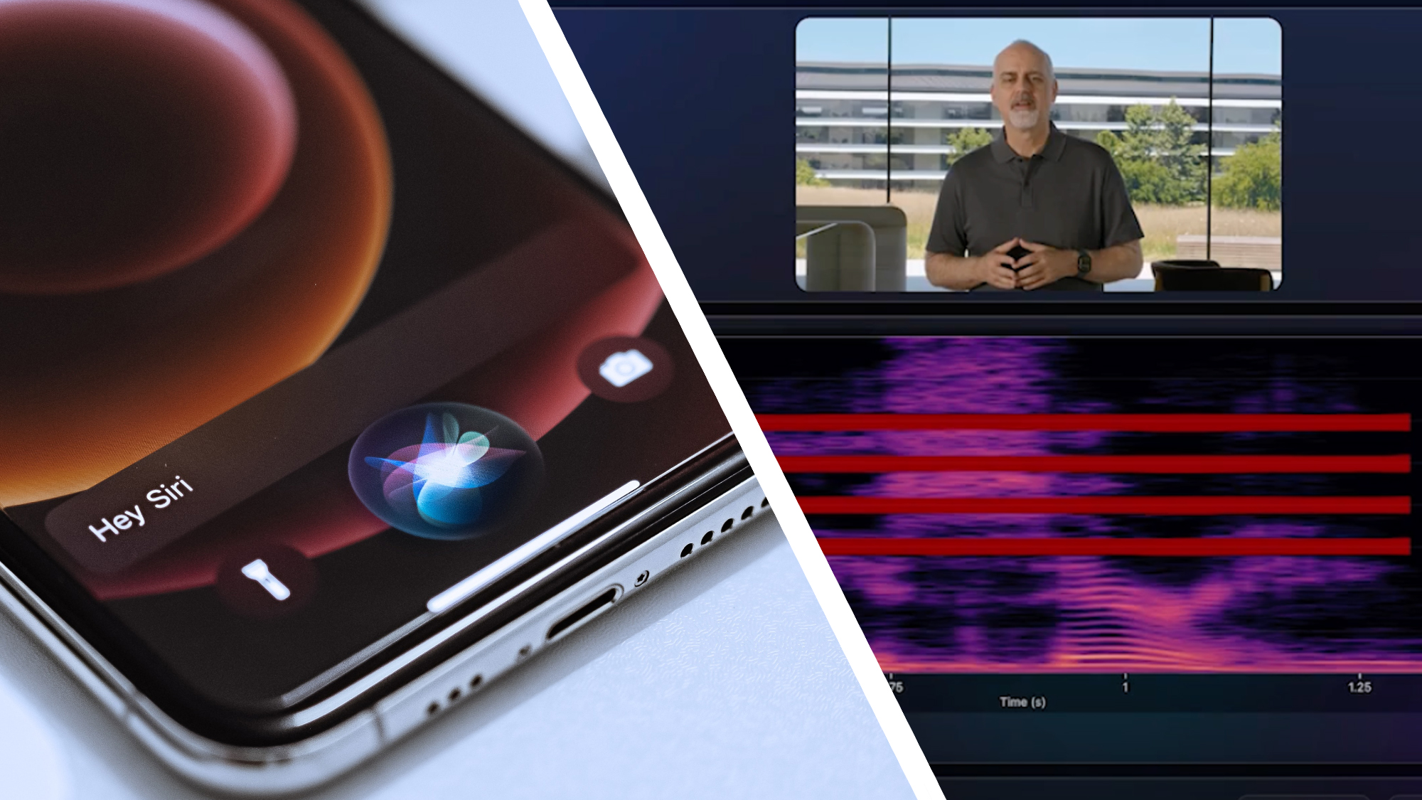An iPhone showing the Siri logo next to waveforms showing speech at WWDC 2026