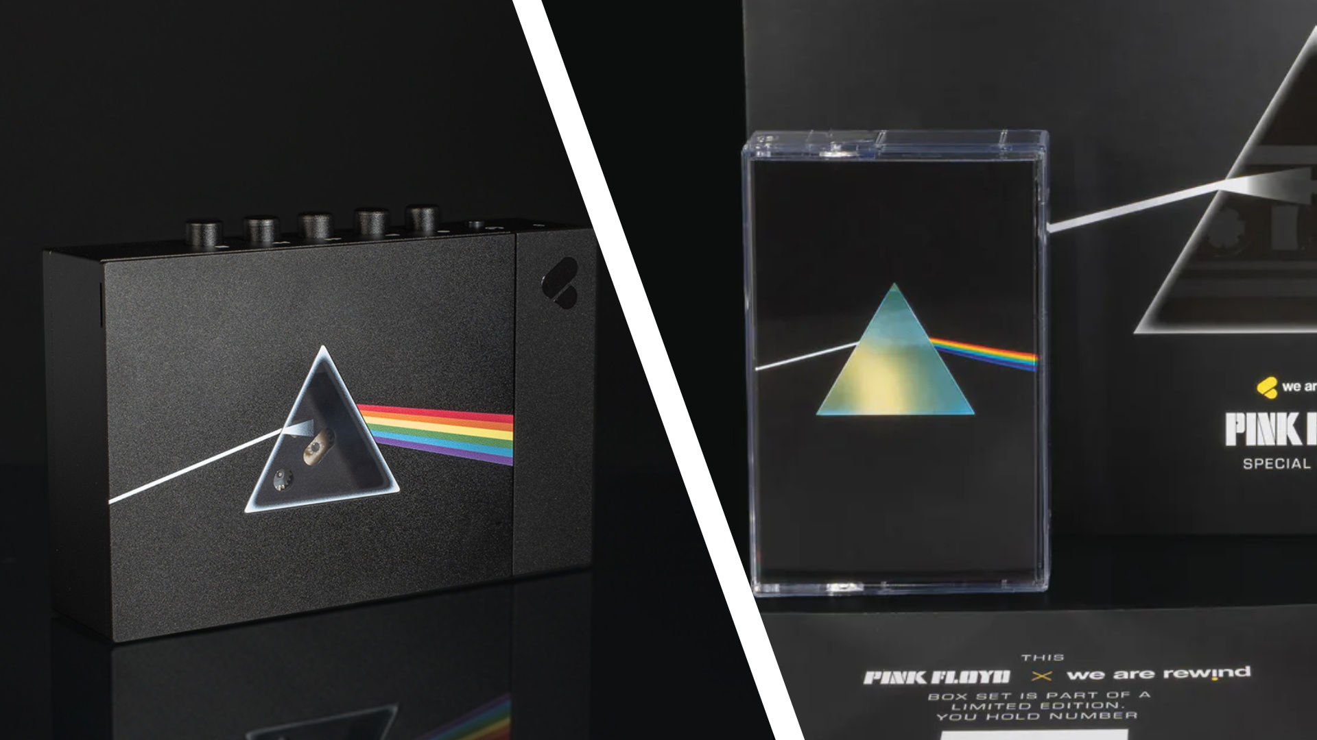 The Pink Floyd x We Are Rewind cassette player showing the Dark Side of the Moon logo, and a tape of the album