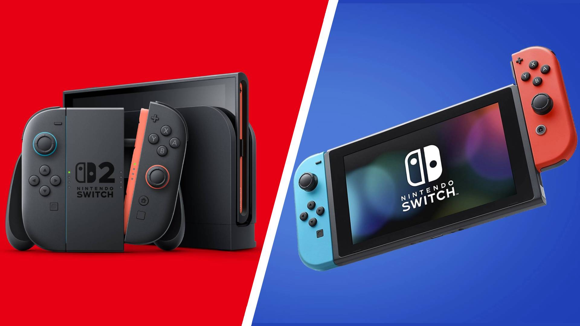 A Nintendo Switch 2 console on a red background and a Switch console on a blue background