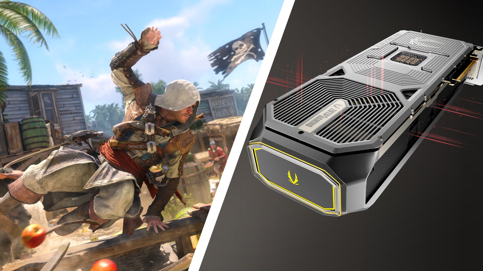 Screenshot of AC Black Flag Resynced and a Zotac RTX 5090