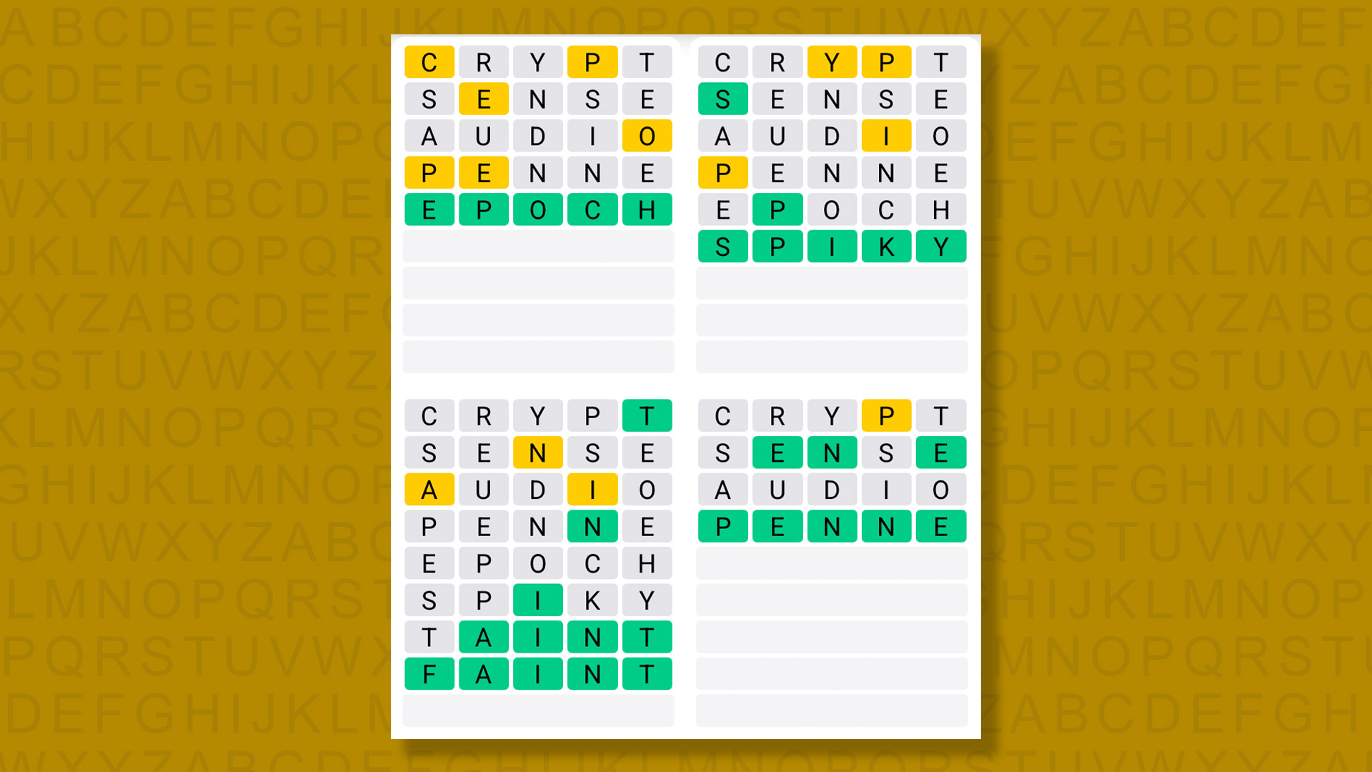 Quordle answers for game 1572 on a yellow background