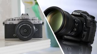 A side-by-side split shot with a white diagonal line down the middle separating two images of a Nikon Z fc (left) and Nikon D500 with lens attached (right)