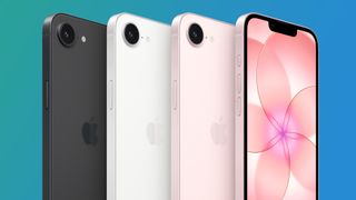 Four iPhone 17es on a blue and green background