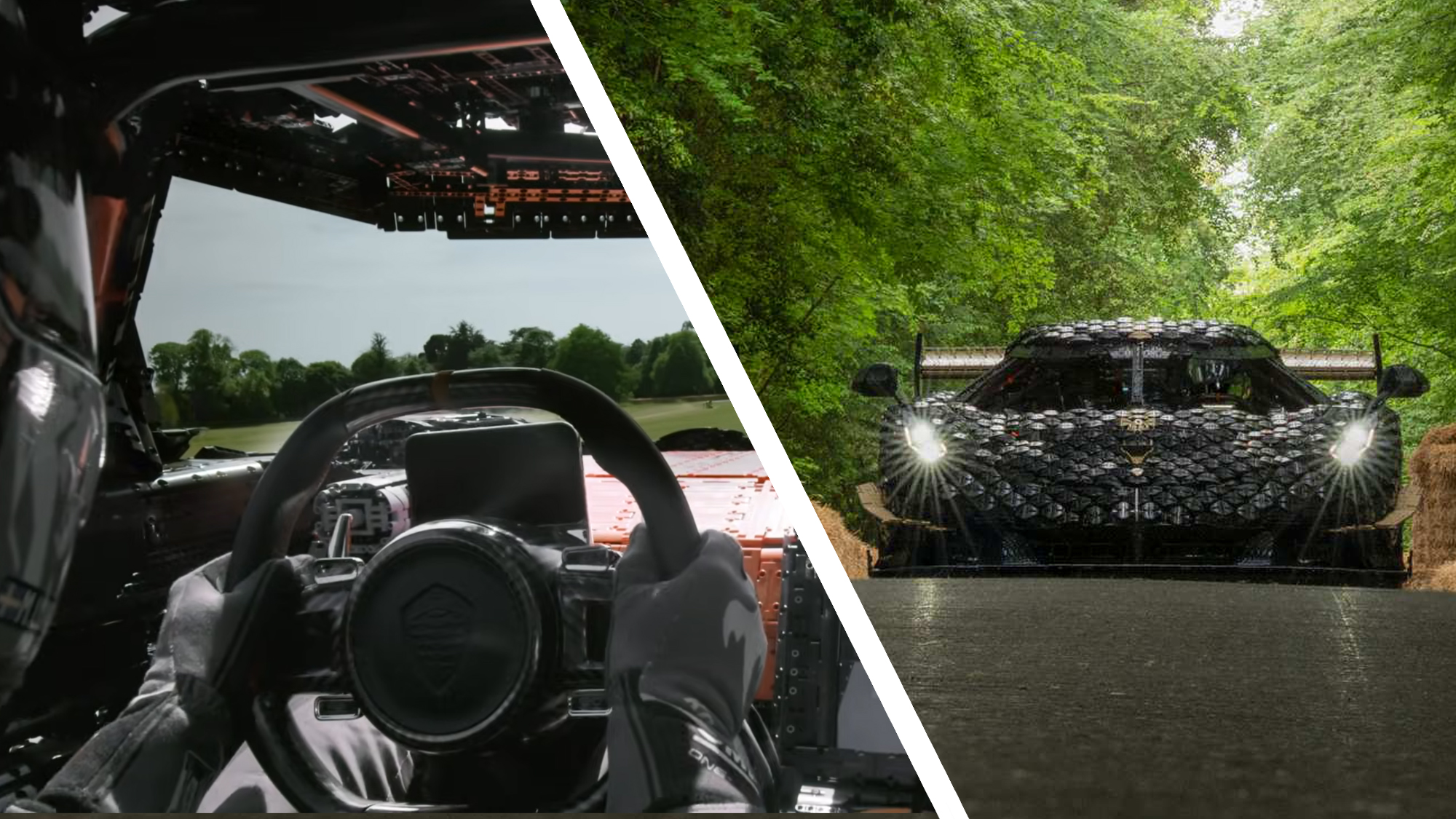 A man driving a life-size Lego Koenigsegg hypercar next to a shot on the car on the road