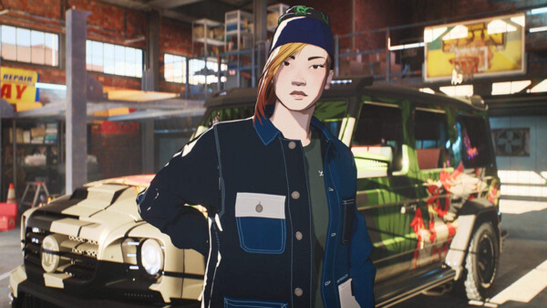 Need for Speed Unbound driver in anime style posing with car
