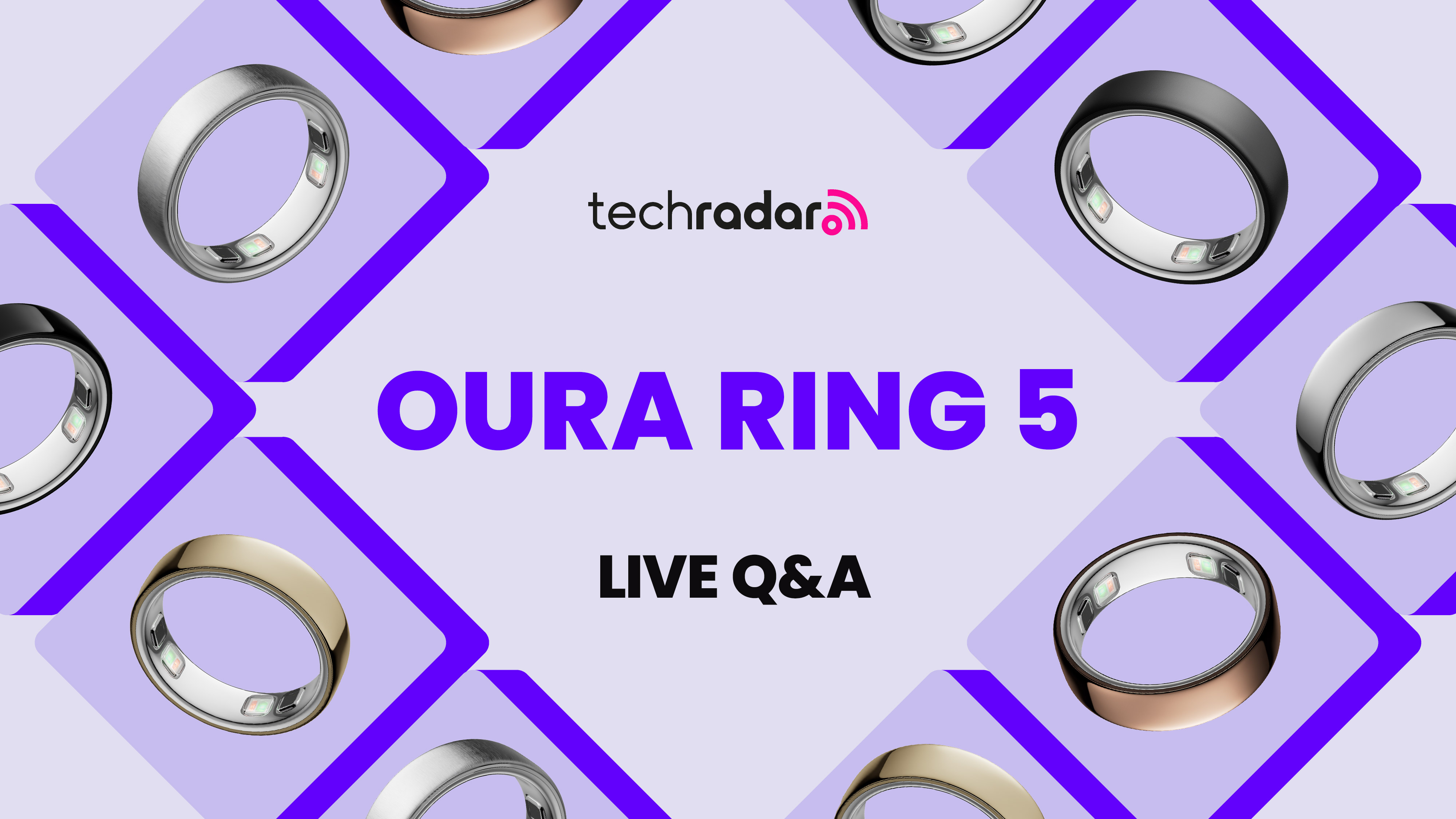 Different finishes of the Oura Ring 5 cutout and scattered around the words 'Oura Ring 5 Live Q&amp;A'