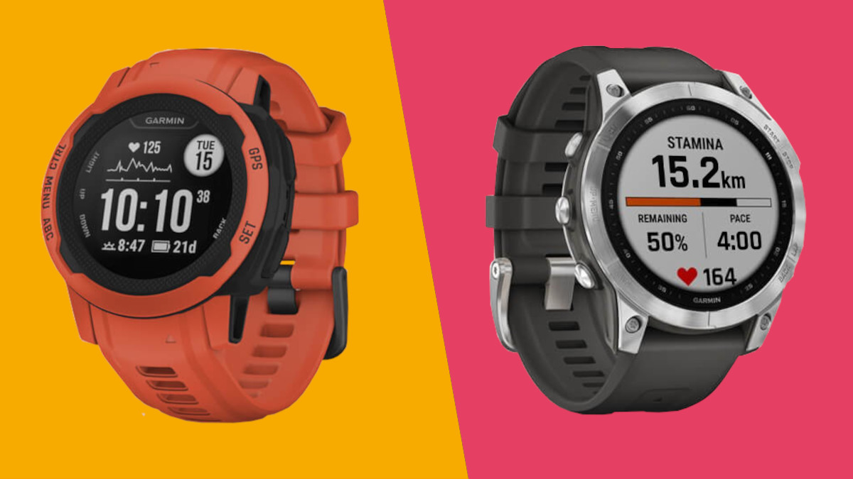 Garmin Instinct 2 and Garmin Fenix 7 on yellow and pink backgrounds