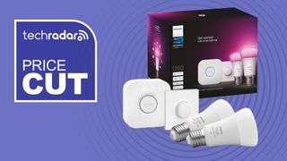 Philips Hue starter kit on purple background with white text reading 'TechRadar price cut'