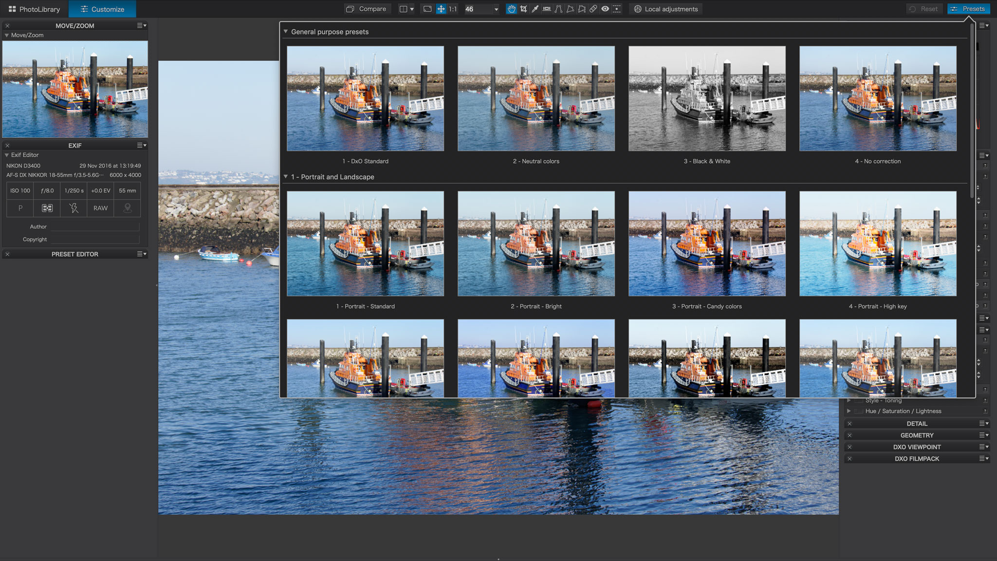 Lens corrections are applied automatically, and it's also possible to add preset 'looks' with a single click.