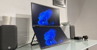 The Acer PD243Y E portable monitor in a home office during our testing