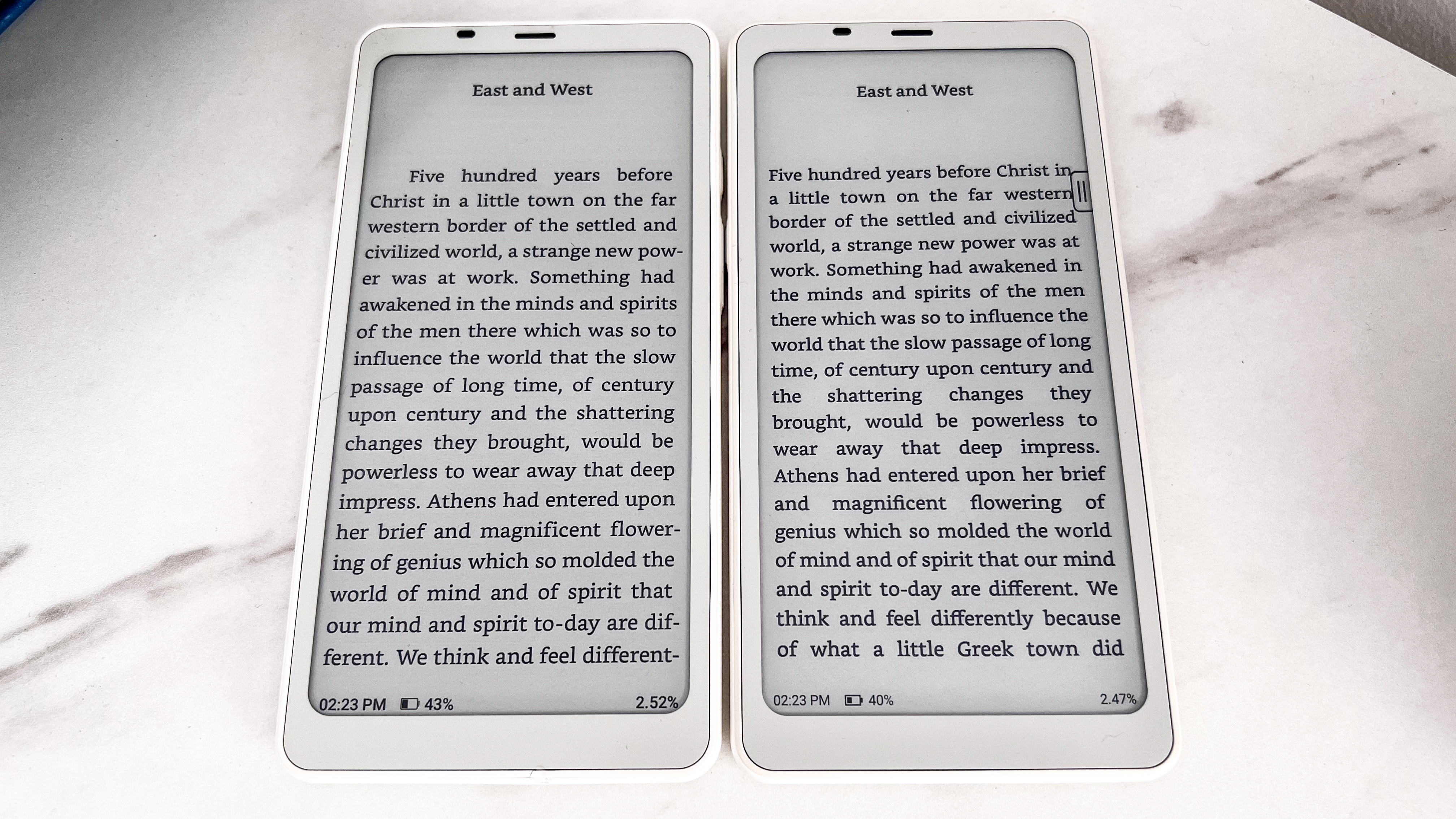 The same page of a book displayed on the Onyx Boox Palma 2 and Onyx Boox Palma