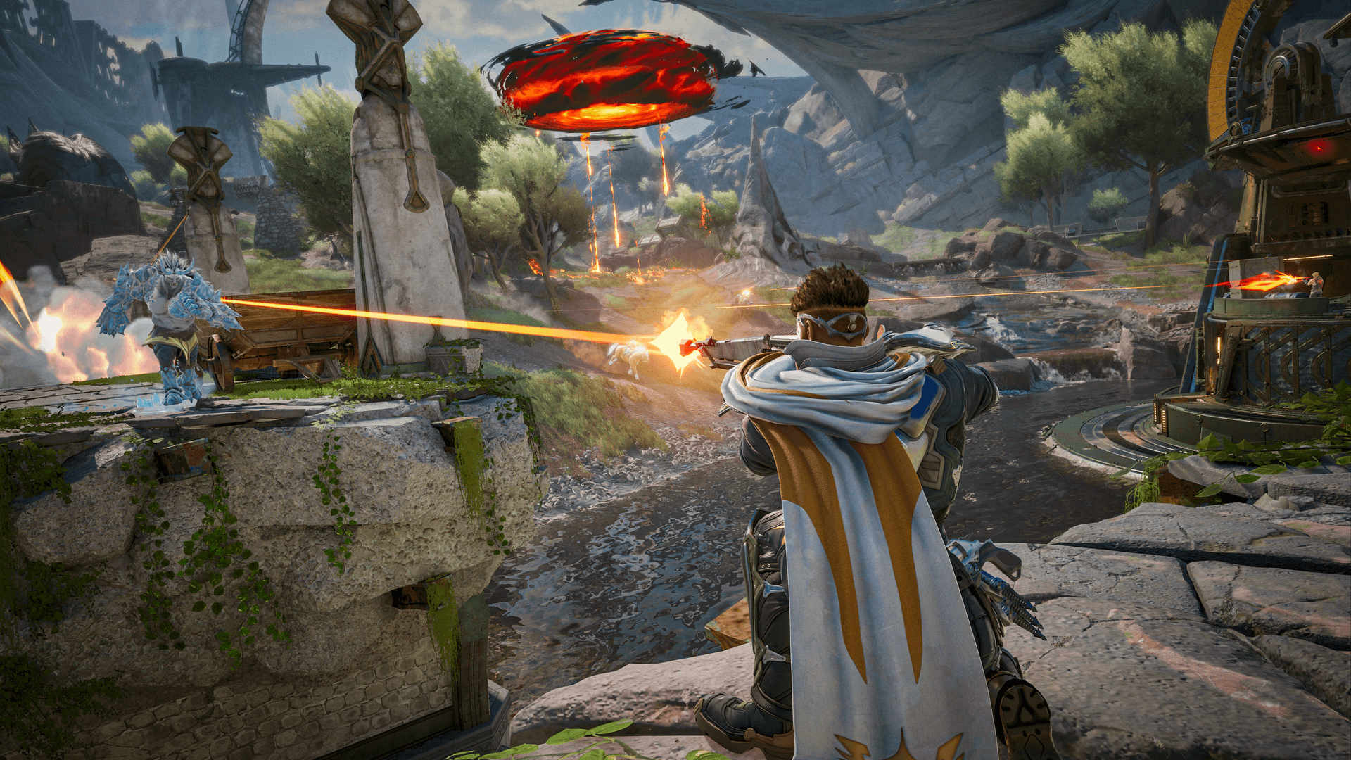 A still from Highguard, showing Atticus shooting at Kai across a broken bridge.