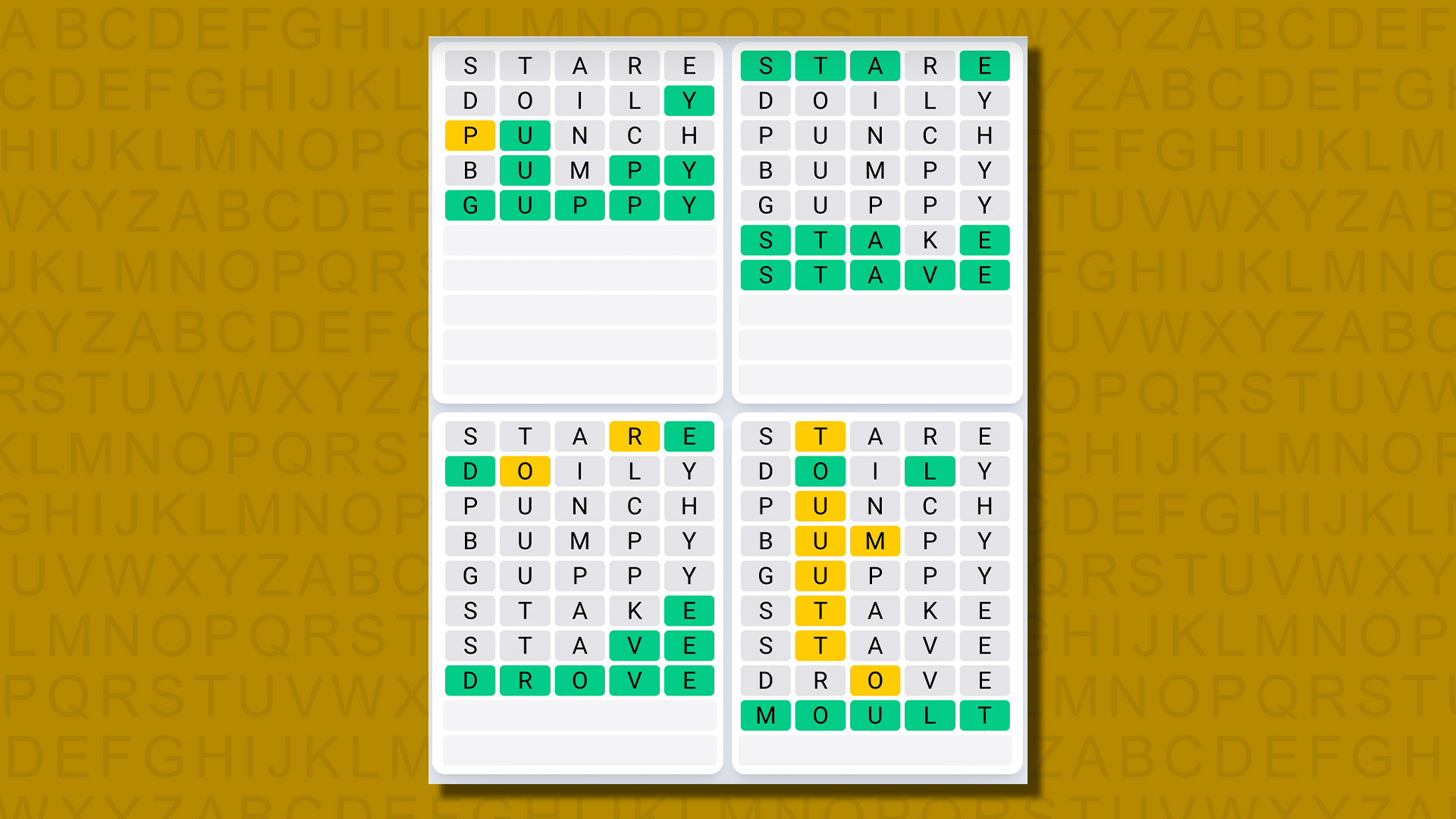 Quordle daily sequence answers for game 613 on a yellow background